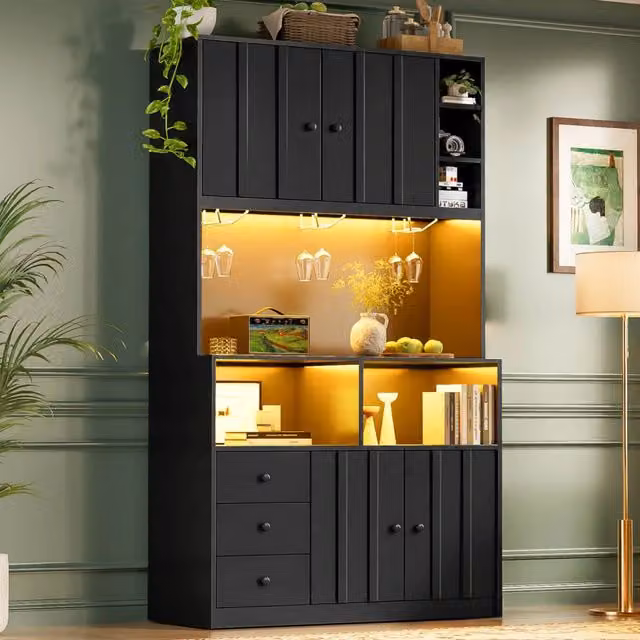 Mobile colonna cucina Mivray in MDF nero con vetrina e illuminazione integrata, portabicchieri e ripiani interni, L: 100 cm, P: 40 cm, H: 180 cm