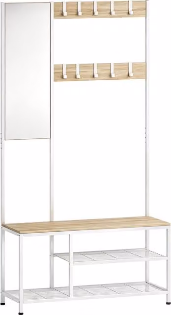 Panca da ingresso 4-in-1 HOMCOM con specchio e porta abiti in legno e metallo, finitura naturale marrone e bianco