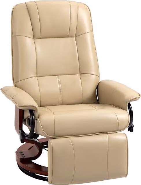 Poltrona relax reclinabile HOMCOM con poggiapiedi regolabile, girevole a 360° e base in legno, rivestimento in ecopelle color beige