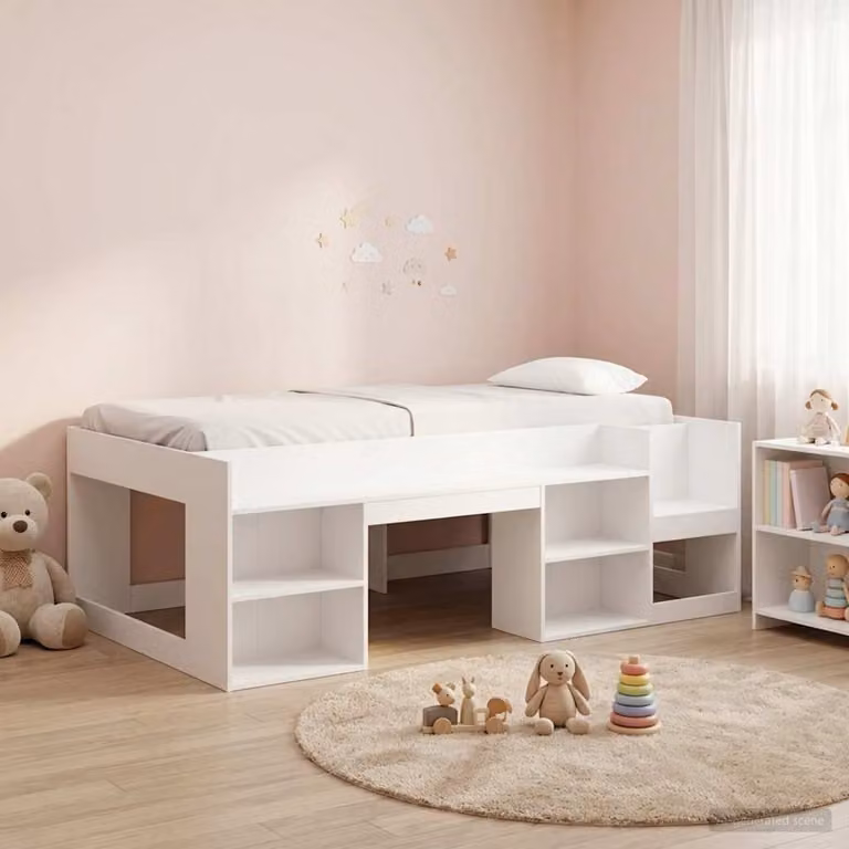 vidaXL Letto Singolo Rialzato per Bambini con Ripostiglio Laterale Bianco in MDF