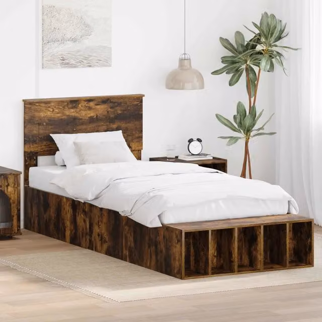 Struttura letto moderna vidaXL con scaffale e cassetti in legno Rovere fumé L/P/H: 200 x 100 x 90 cm