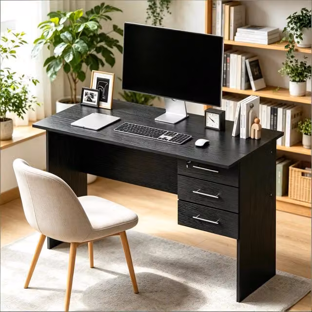 Scrivania da ufficio moderna WISHDOR in legno nero opaco con cassettiera L/P/H: 120 x 75 x 60 cm