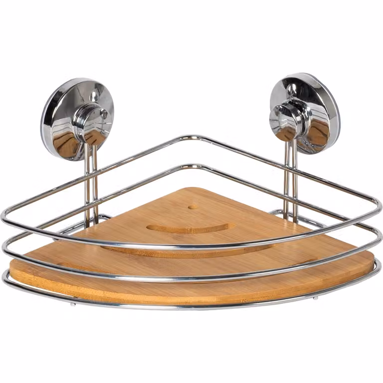 Mensola Angolare con Ventosa VESTIAMO CASA Linea Bamboo, Colore Marrone e Argento, H 11,5 x L 26 x P 20 cm