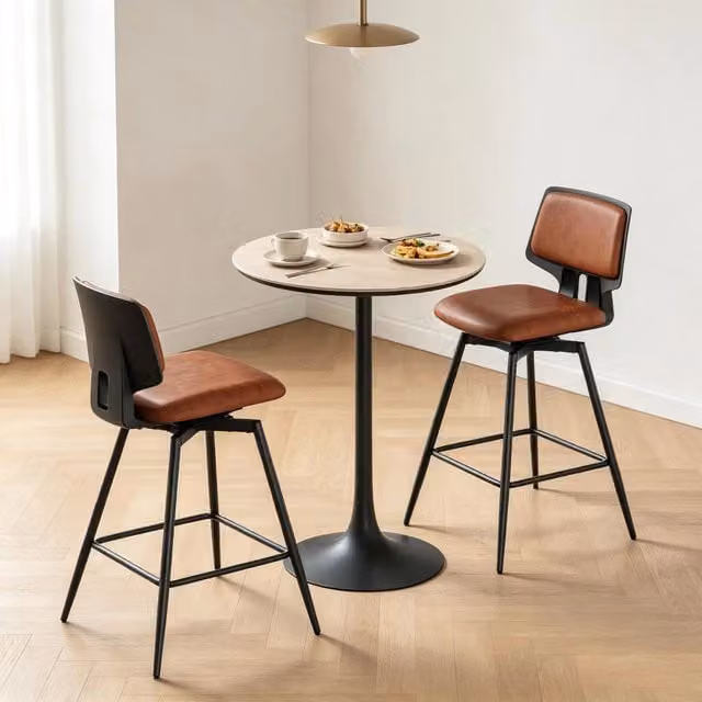 Set da 2 Sgabelli da Bar Girevoli a 360 con Schienale Ergonomico e Poggiapiedi in Metallo, Similpelle Marrone