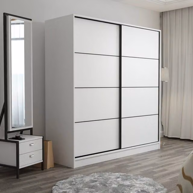 Armadio Cuvio DMORA per camera da letto con ante scorrevoli, interno con appendiabiti e ripiani, Bianco opaco, L: 180 cm, H: 190 cm