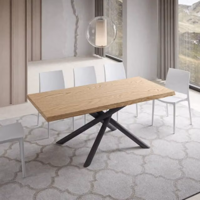 Tavolo allungabile moderno Itamoby in legno di rovere con bordo live edge e gambe in metallo antracite