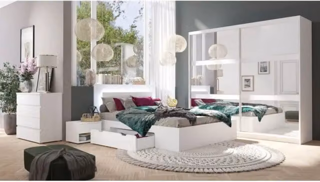 Set camera da letto Meublorama NOFI in legno composito bianco con letto 180x200 cm dotato di doghe e 2 cassetti, comodini, armadio e cassettiera
