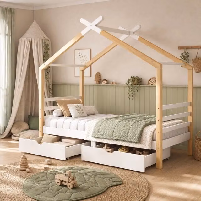 Letto a casetta Mivray per bambini e ragazzi in legno e MDF bianco con cassetti e rete a doghe L/P/H: 210 x 90 x 120 cm