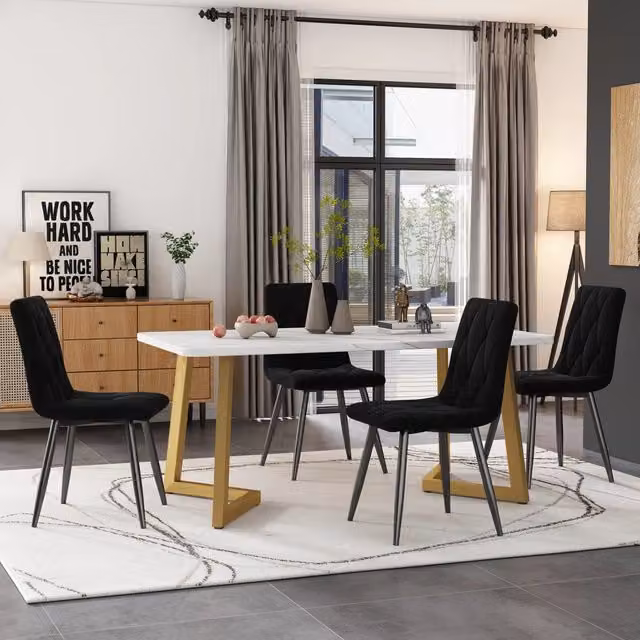 Set tavolo rettangolare e 4 sedie MIVRAY in MDF e metallo, rivestimento in velluto, colori bianco, nero e oro, L/P/H: 117 x 75 x 75 cm