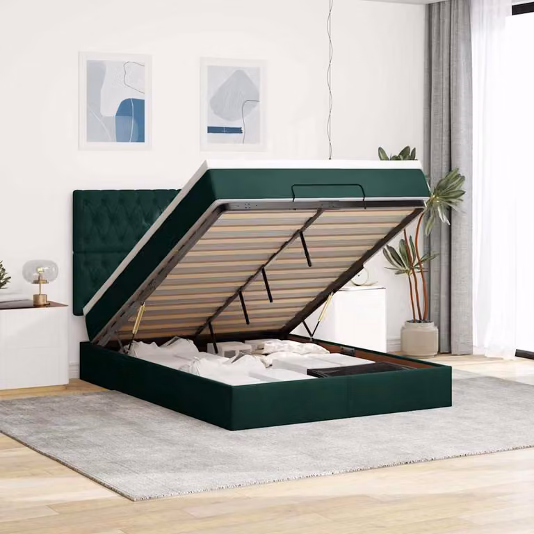 Letto con contenitore e materasso vidaXL in velluto con base a sollevamento, illuminazione sottostante e porta USB, L/P/H: 200 x 140 x 128 cm, Verde e Bianco
