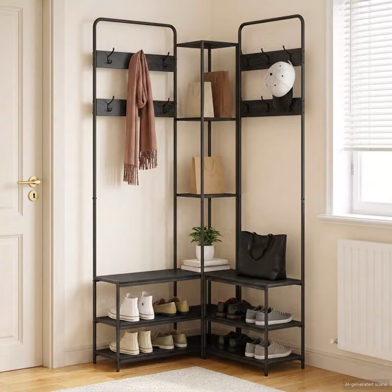 vidaXL Appendiabiti con panca per scarpe moderno in legno e metallo, Colore: Nero, L: 130,0 cm, P: 30,0 cm, H: 199,5 cm