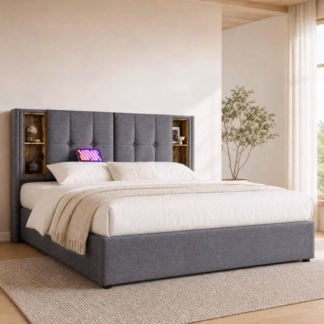 Letto contenitore Mivray con ricarica USB e testiera imbottita in cotone grigio, L/P: 160 x 200 cm