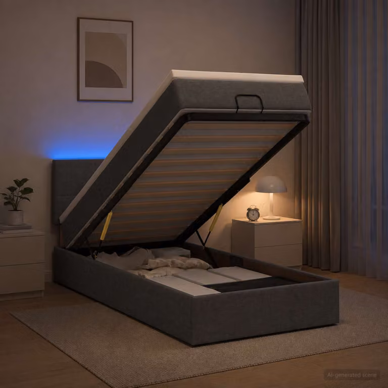 vidaXL Letto Ottomano con Materasso Ibrido e Illuminazione LED Grigio Scuro L: 190 cm, P: 90 cm, H: 88 cm
