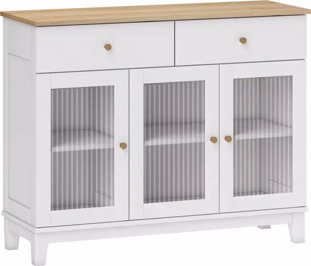 Credenza Buffet HOMCOM per Cucina e Soggiorno con 2 Armadietti e 2 Cassetti, Ante in Vetro Temperato Scanalato e Ripiani Regolabili, Bianco e Rovere, L: 100 cm, P: 35 cm, H: 80.3 cm