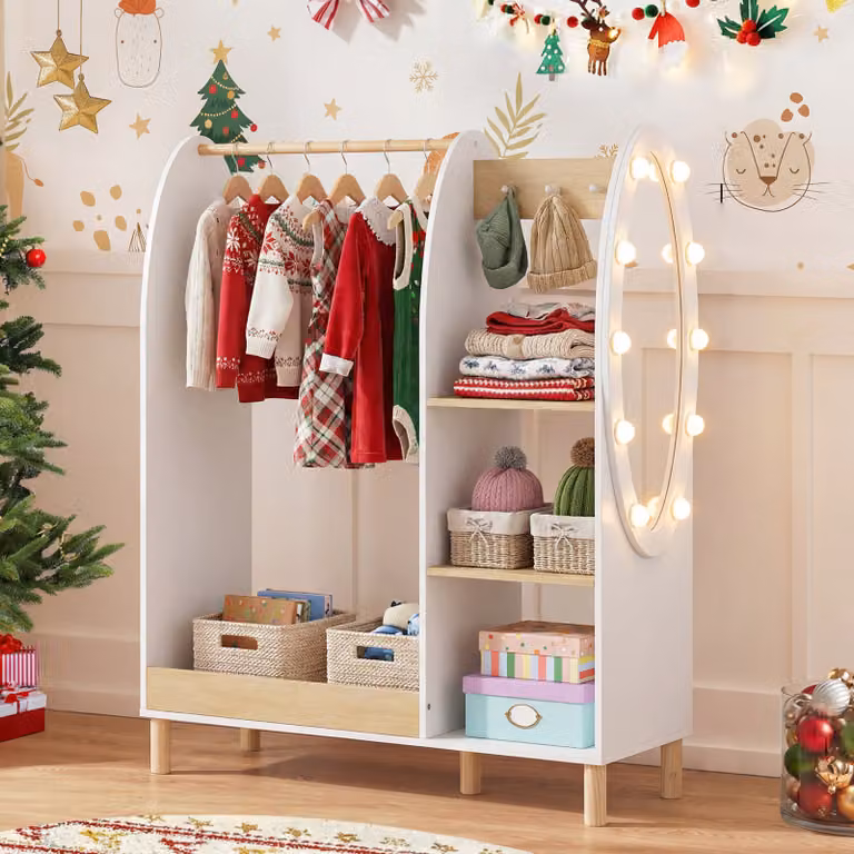 Armadio per travestimenti Costway per bambini in bianco con specchio e luci LED, guardaroba aperto con ripiani e appendiabiti per cameretta, L: 91 cm, P: 28 cm, H: 110 cm