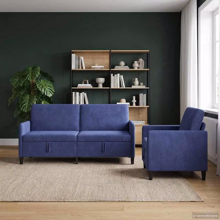 Set di divani moderni vidaXL composto da divano a 3 posti, divano a 2 posti e poltrona con seduta sollevabile e coperture rimovibili, colore blu e nero