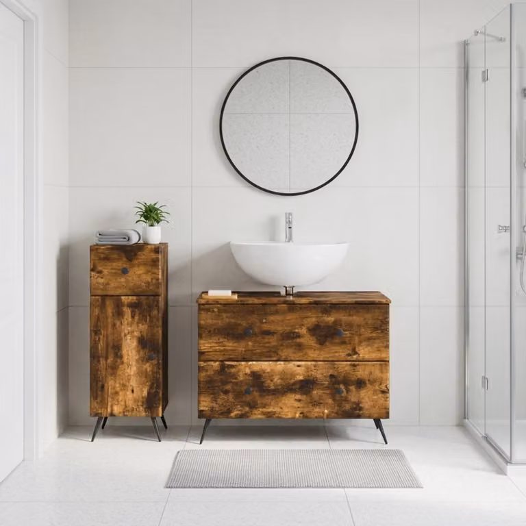 Set di mobili da bagno vidaXL BREDA composto da 2 pezzi in legno Rovere Fumo, con mobile lavabo e mobileto laterale moderno, colore marrone