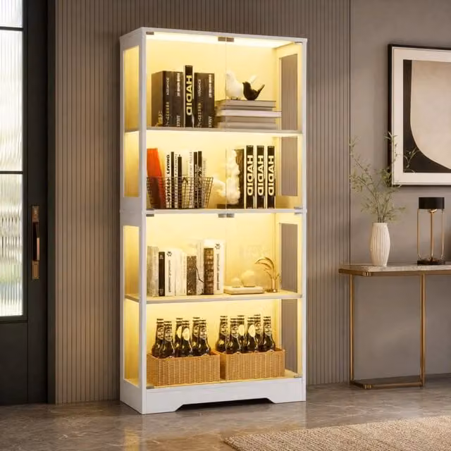 Vetrina MIVRAY bianca con ante in vetro, illuminazione LED a tre colori e sensore di movimento, ideale per soggiorno o camera da letto, L/P/H: 80 x 35 x 165 cm