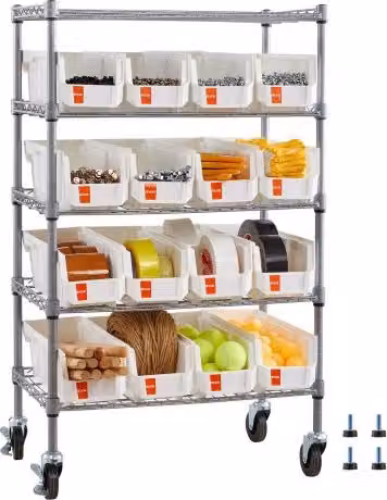 VEVOR Scaffale per Carichi Pesanti con 5 Ripiani e 16 Contenitori, Sistema di Scaffalature in Metallo e Plastica con Ruote, Colore Argento, L/P/H: 106,5 x 35,5 x 61 cm