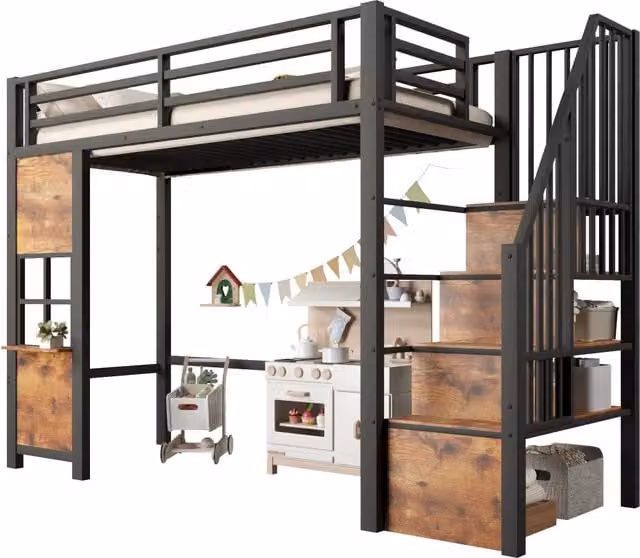 Letto a soppalco singolo con scala contenitore, sponda e mensola laterale, nero, L/P: 90 x 200 cm