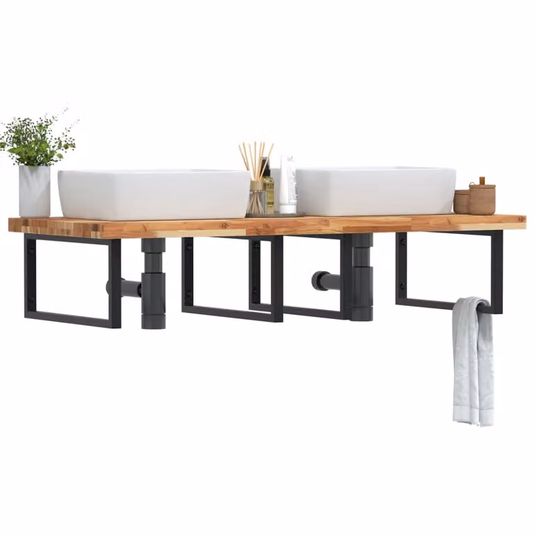 Ripiano a parete per lavabo vidaXL in legno di acacia oliato e metallo nero e marrone L: 60 cm, P: 4 cm, H: 60 cm