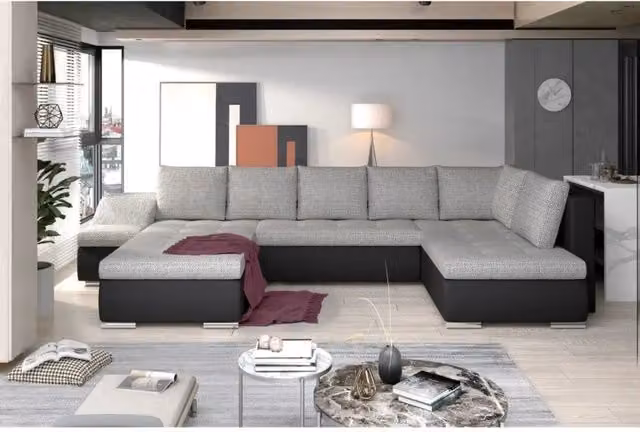 Divano panoramico a U GYOVANI MEUBLORAMA grigio e nero con angolo sinistro, convertibile con funzione notte e poggiatesta regolabile