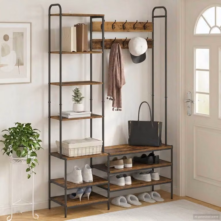 vidaXL Appendiabiti con panca per scarpe in stile industriale, Legno e Metallo, Marrone, H: 190 cm x L: 120,5 cm x P: 34 cm