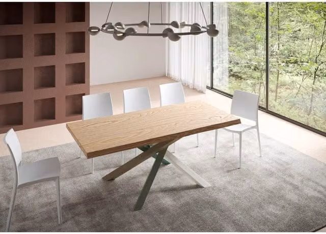Tavolo fisso moderno ITAMOBY in legno di rovere con bordo naturale e telaio a X, L: 180 cm, P: 90 cm, H: 75 cm, colore marrone multicolore