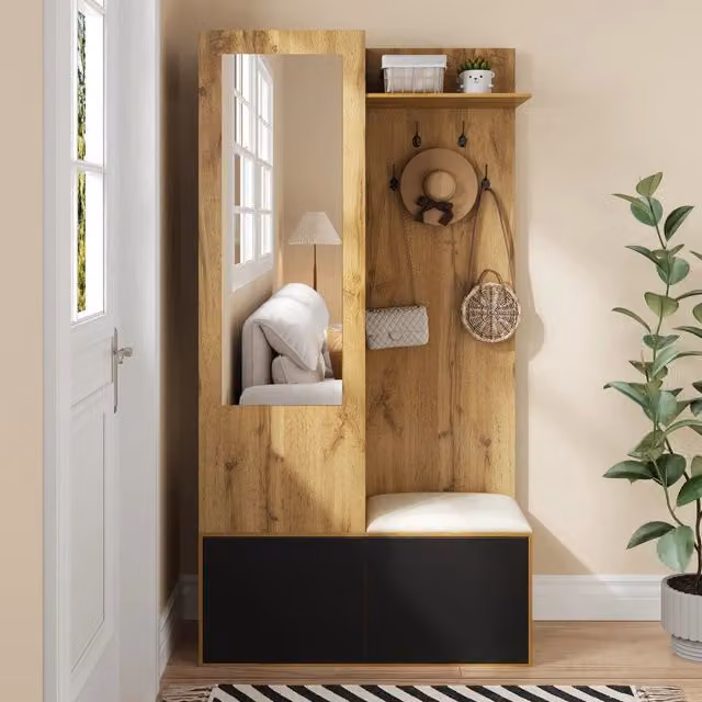 Set guardaroba da ingresso WISHDOR con specchio, scarpiera, panca e 5 ganci, L: 100 cm, P: 38 cm, H: 191 cm, nero e marrone