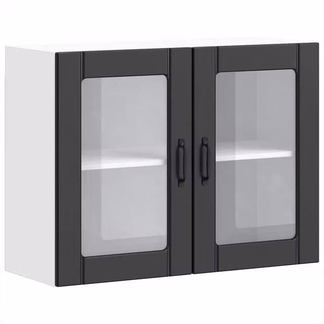 Pensile da parete HELLOSHOP26 per cucina o soggiorno con ante in vetro, design moderno in finitura opaca nero e bianco, L 80 cm x P 31 cm x H 60 cm