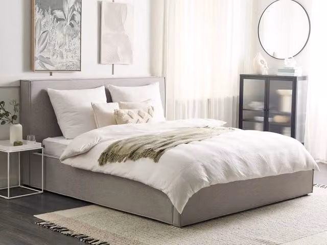Letto King Size Beliani con Contenitore e Doghe in Legno, Rivestimento in Tessuto Grigio, L/P: 180 x 200 cm