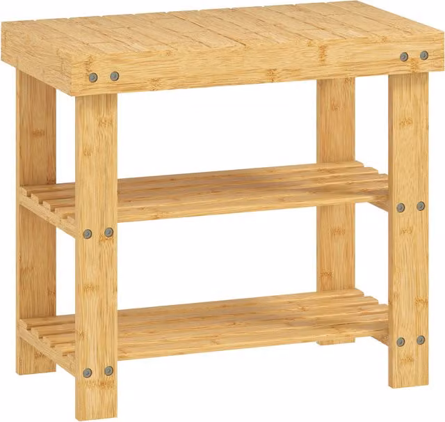 Panca porta scarpe HOMCOM in bambù con 2 ripiani e seduta, scarpiera per ingresso, L: 50 cm, P: 28 cm, H: 45 cm, colore naturale