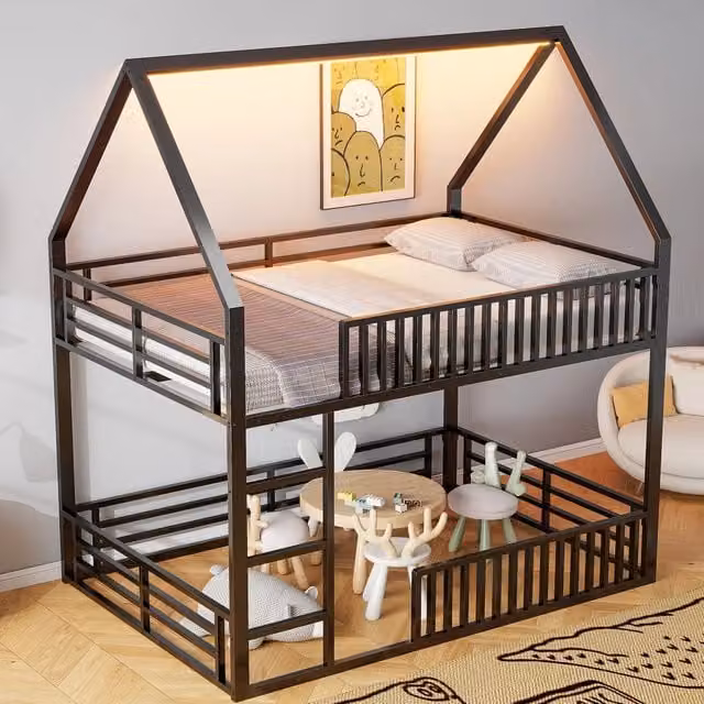 Letto a casetta OKWISH per bambini in metallo nero con barriera, illuminazione LED e spazio gioco, L/P/H: 140 x 200 x 145 cm