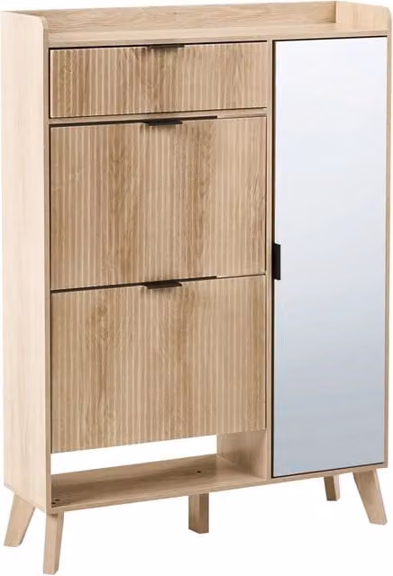 Scarpiera BELIANI in stile scandinavo con specchio e scomparti ribaltabili in MDF, colore marrone e beige, H: 118 cm, L: 84 cm, P: 25 cm