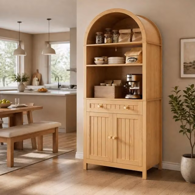 Mobile colonna da cucina Mivray con ripiani aperti, cassetto e doppie ante, finitura naturale beige e marrone, L: 76 cm, P: 40 cm, H: 180 cm