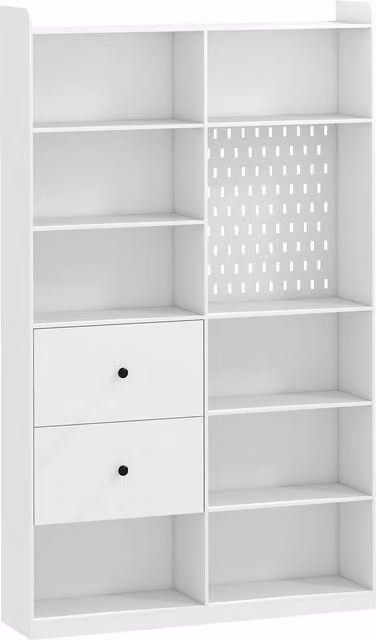 Libreria Doppia HOMCOM a 6 Livelli con Cassetti e Pannello Forato, Bianco, L: 120 cm, P: 30 cm, H: 200 cm