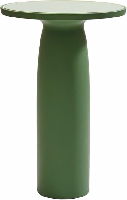 Tavolo alto rotondo Qeeboo Toto con base in metallo e piano in vetro verde opaco