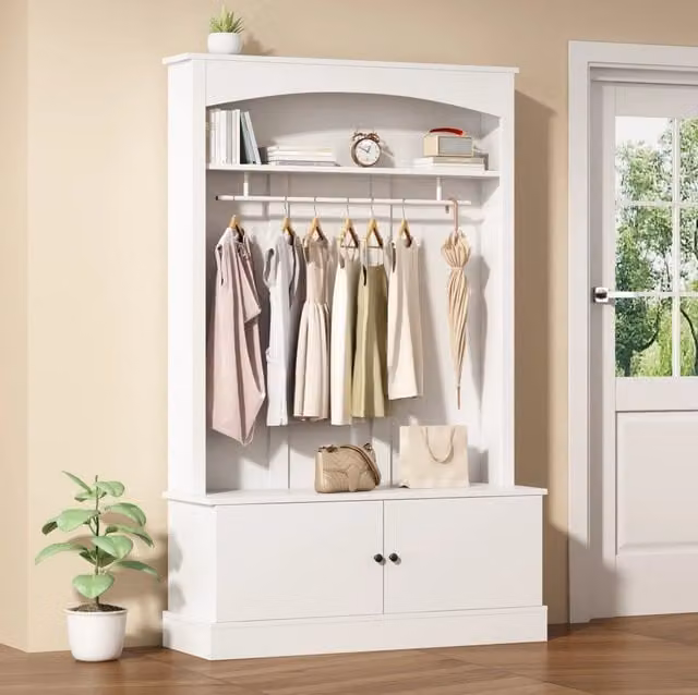 Armadio ingresso MODFU bianco con panca, scarpiera e appendiabiti in MDF, L/P/H: 120 x 40 x 190 cm