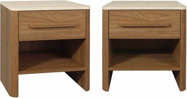 Set di 2 comodini moderni SWEEEK con decorazione in legno ed effetto travertino nei colori beige e marrone