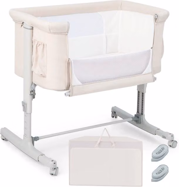 Culla per bambini 3 in 1 Design Mania Beige con 5 livelli di altezza regolabili e borsa da viaggio