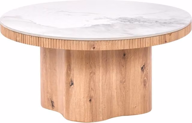 Tavolino da caffè rotondo BELIANI in stile Mid-Century con piano in ceramica bianca effetto marmo e base in MDF marrone chiaro L: 80 cm, P: 80 cm, H: 40 cm