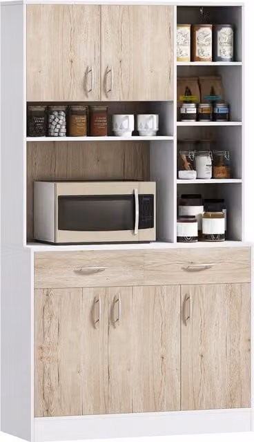 Credenza Multifunzione HOMCOM in Legno per Cucina e Soggiorno, Stile Moderno con Cassetti e Vani Aperti, Bianco, L 100 x P 39 x H 181,5 cm