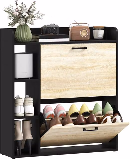 Scarpiera Minimal con 2 Ante e Ripiani Regolabili per 15 Paia di Scarpe, Legno Naturale e Nero, L: 80 cm, P: 30 cm, H: 100 cm