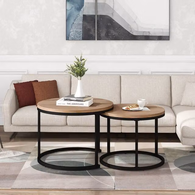 Set di 2 Tavolini da Salotto Rotondi Moderni in MDF e Metallo, Design Salvaspazio Impilabile, Colore Rovere Naturale, L/P/H: 50 x 70,5 cm e 45,5 x 44 cm