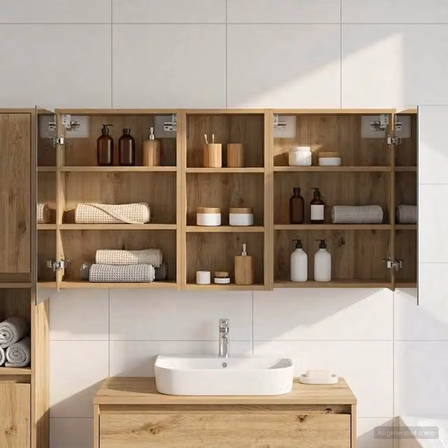 Set di 3 armadi da bagno vidaXL in legno marrone opaco con specchio e illuminazione LED, L/P/H: 116 x 16 x 62,5 cm