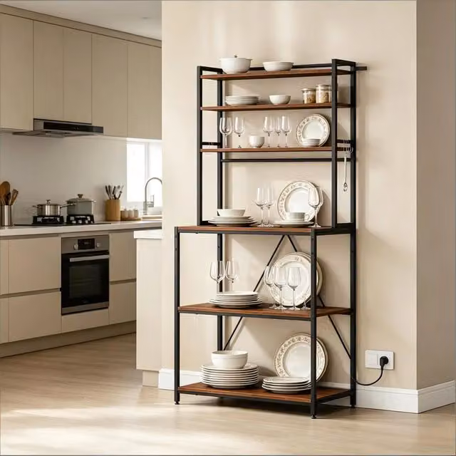 Dispensa alta OKWISH per cucina in metallo e legno, marrone rustico, L 80 cm x H 167 cm x P 40 cm