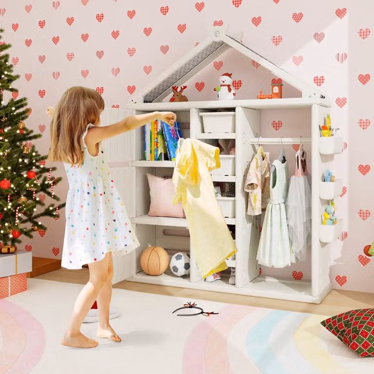 Armadio portaoggetti per bambini Costway con appendiabiti e 3 armadietti, colore beige e bianco