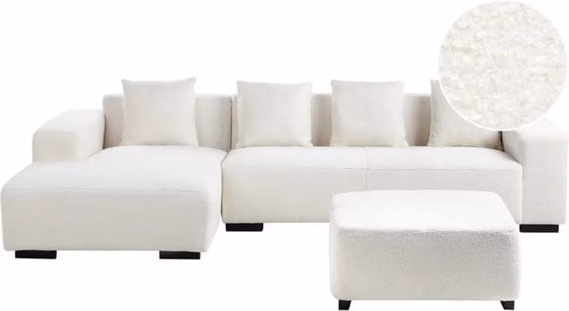 Divano angolare a L BELIANI da 4 posti in tessuto bouclé bianco con ottomana coordinata e cuscini, versione a destra, stile moderno per il tuo soggiorno