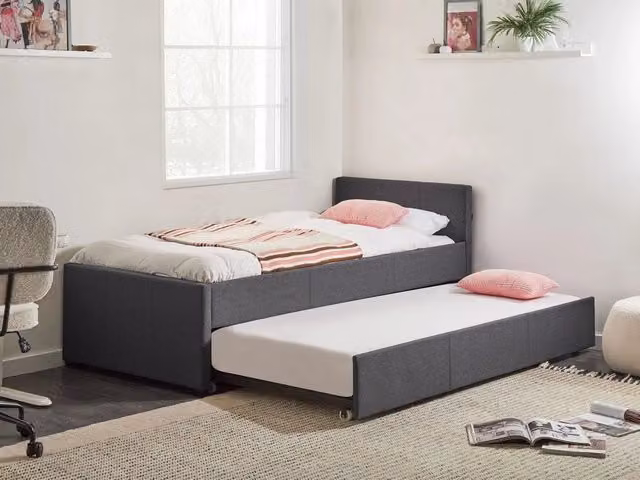 Divano Letto Singolo Beliani con Cassetto, Rivestimento in Tessuto Grigio, L/P/H: 214 x 90 x 125 cm
