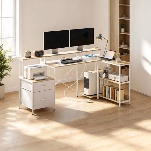 Scrivania angolare Mivray bianca con supporto monitor e design moderno L: 172 cm, P: 100 cm, H: 89 cm
